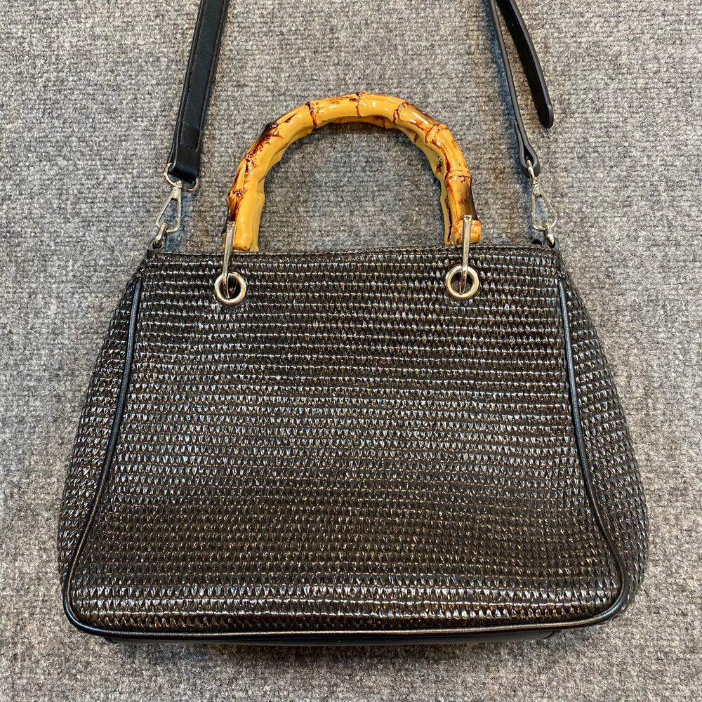 Simply Noelle Black Resort Tote Woven PU Faux Bamboo Top Handle Crossbody